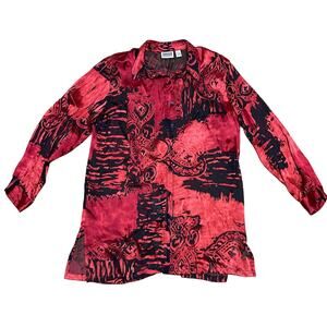 Vintage Silk Blend Chico's Red Black Burn Out Collared Button Up Blouse Size 2/L